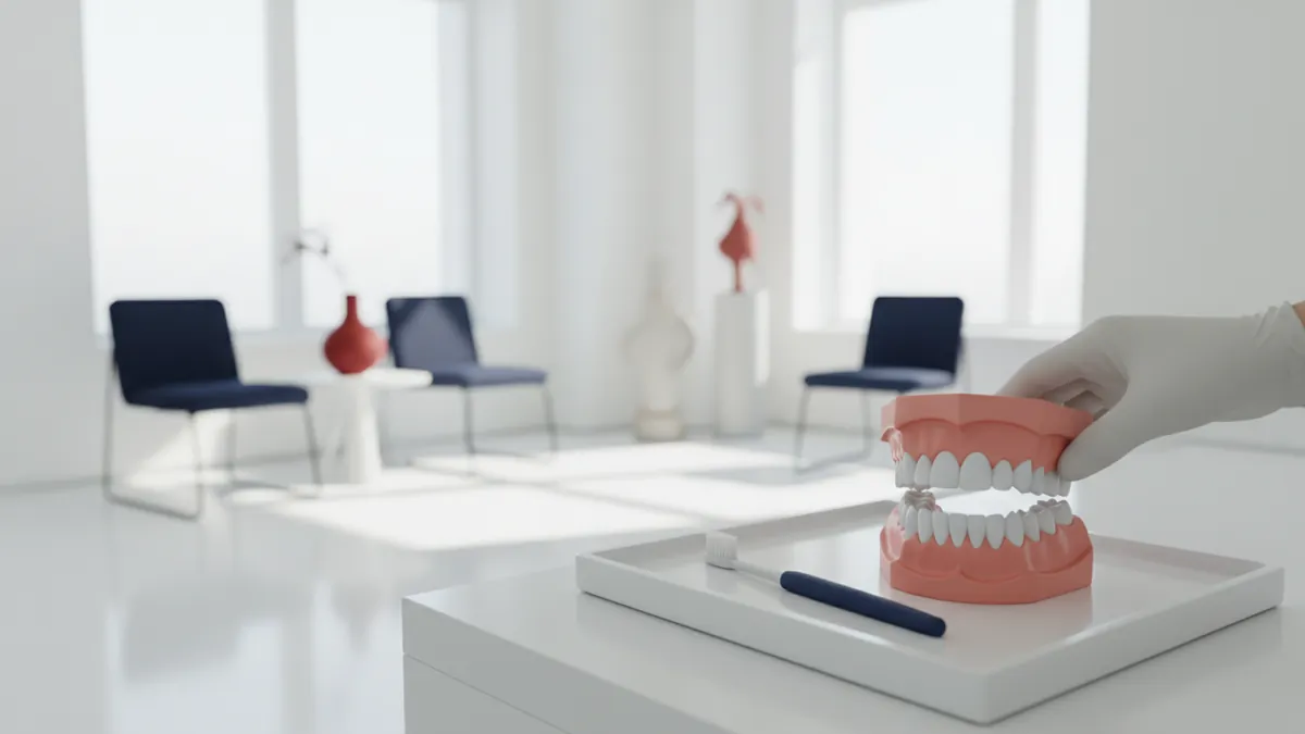 Model dentar demonstrativ ținut de o mână cu mănușă, imagine ilustrativă