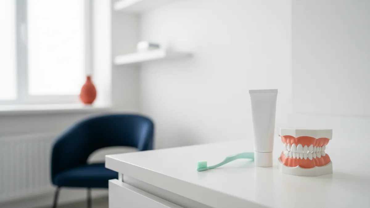 Periuță mică, tub de pastă fără etichetă și model dentar pe blatul unui cabinet; imagine ilustrativă
