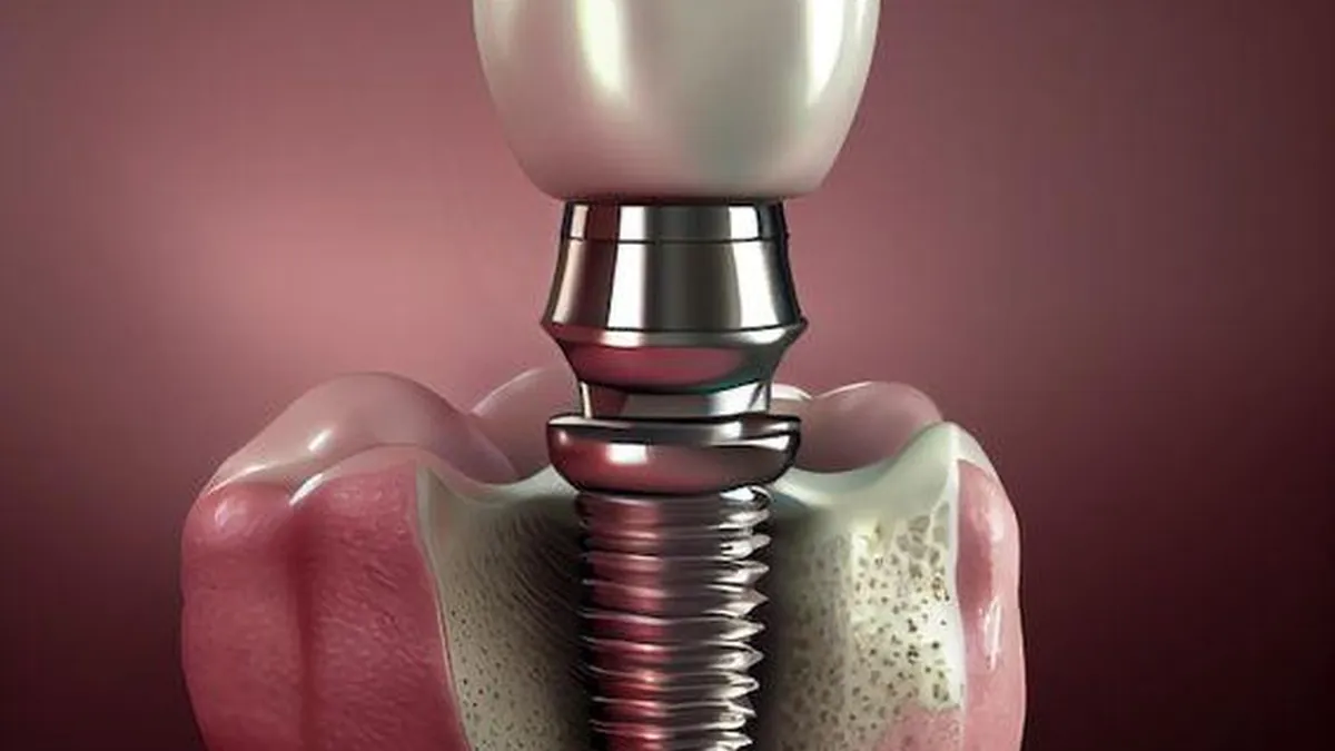 Implant dentar din titan alături de o coroană ceramică pe un model de maxilar, Clinicile Dentalix