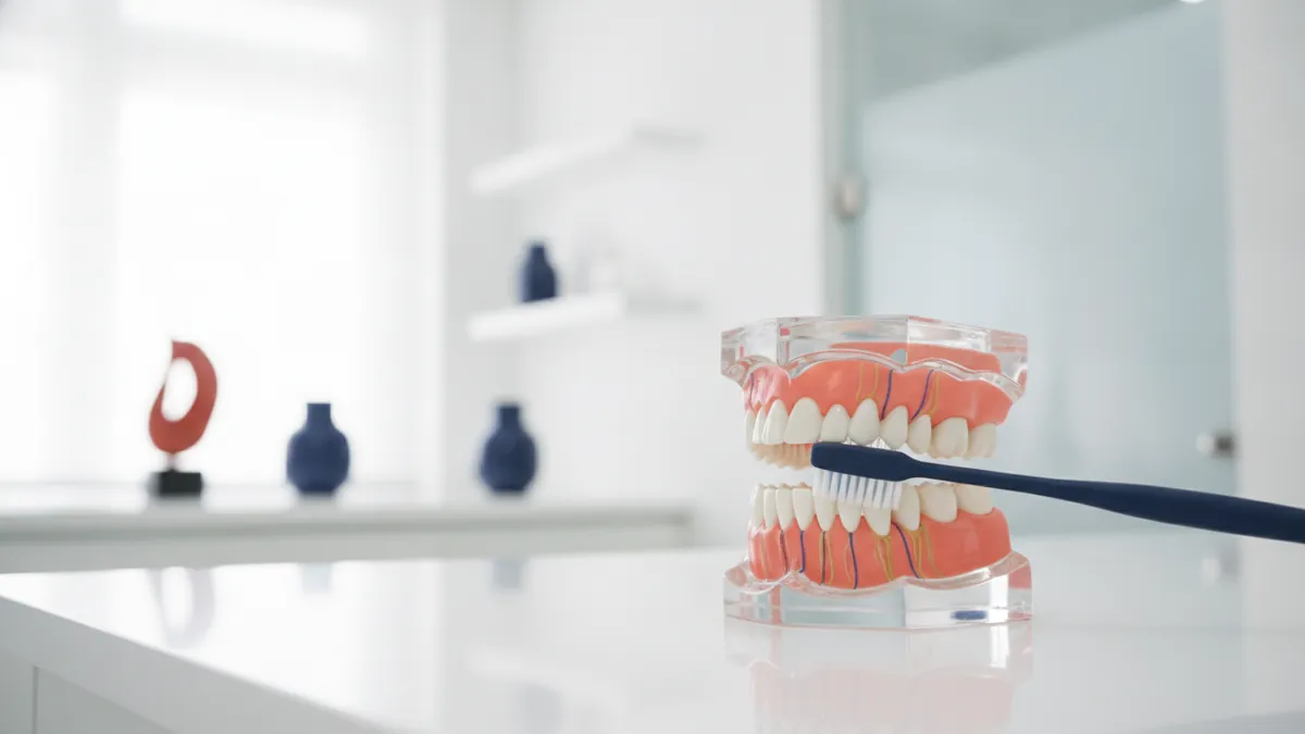 Model dentar demonstrativ cu o periuță de dinți poziționată la nivelul gingiei, pe un blat de cabinet stomatologic
