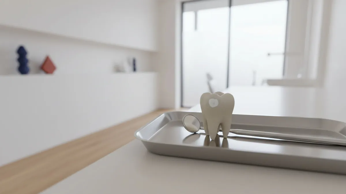 Model de dinte cu o zonă albă opacă lângă o oglindă dentară, pe o tavă de cabinet
