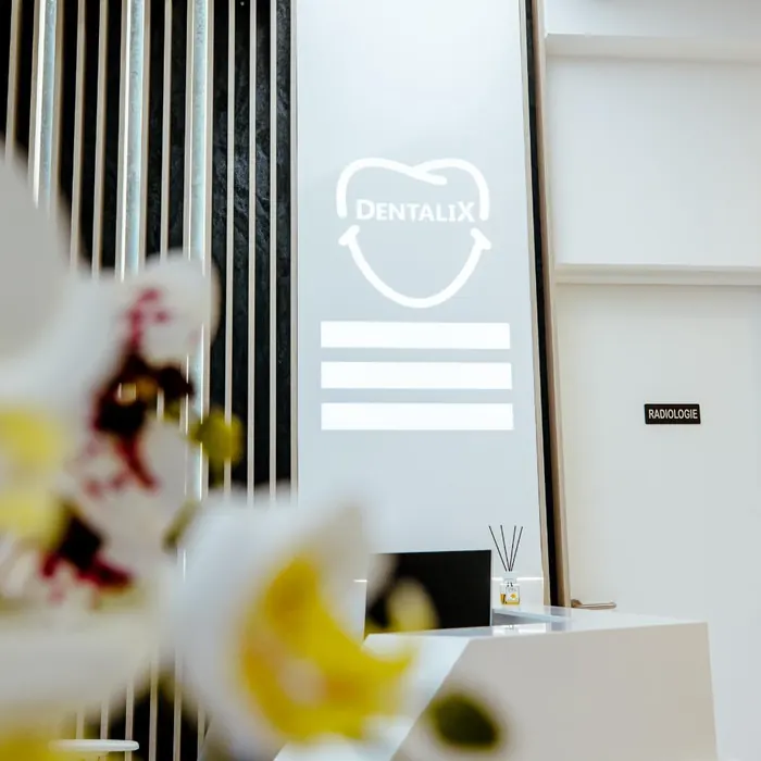 Logo-ul Dentalix pe peretele recepției din clinica Topoloveni, cu orhidee în prim-plan